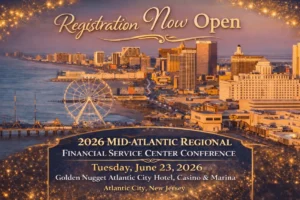 Atlantic City, NJ skyline with text: registration now open. 2026 mid-atlantic regional financial service center conference. Tuesday, June 23, 2026. Golden Nugget Atlantic City Hotel, Casino & Marina. Atlantic City, New Jersey